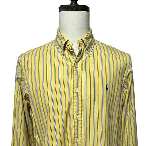 Ralph Lauren Shirt Mens Large Yellow Blue Striped Custom Fit Long Sleeve Preppy - Picture 1 of 10
